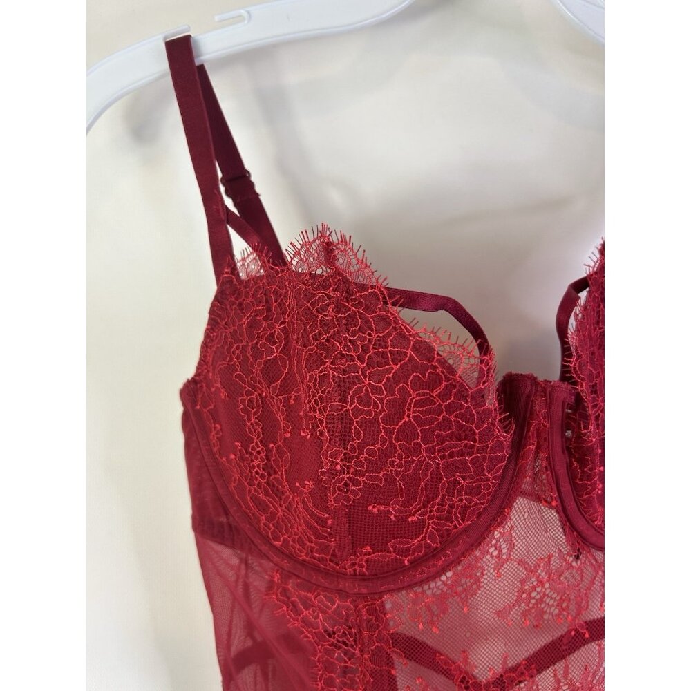 Vintage Y2K Victorias Secret womens 36D Red Lace Sheer Corset Bustier Romantic - Picture 4 of 10
